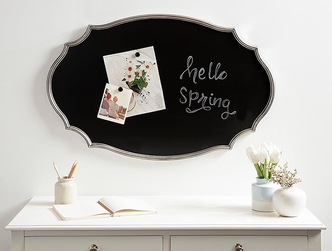 Kate and Laurel Leanna Decorative Scalloped Metal Chalkboard; 24 x 36; Silver; Framed Rounded Oval Vintage Chalkboard for Unique Display; Organization; and Decor