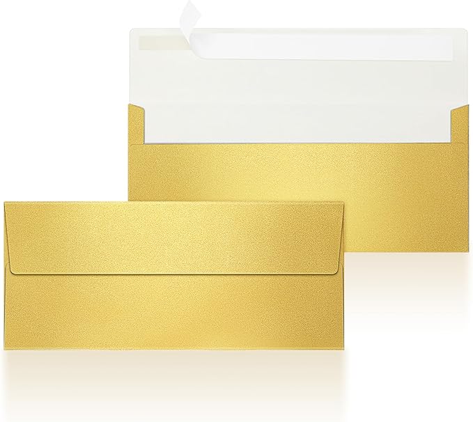 YooNotee 100 Count #10 Gold Metallic Business Envelopes, 80 lb, 4 1/8" x 9 1/2" Metallic Business Letter Size Envelopes, Peel & Press Square Flap, Printable for Professional Mailing and Office Use