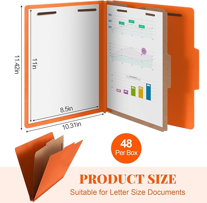 Skyygemm 48 Pcs Classification Folders Letter Size, 1 Divider Pressboard File Folder with Fasteners, Expanding File Organizer Bulk for School Teachers, Office Employee, Coworker, Staff (Orange)