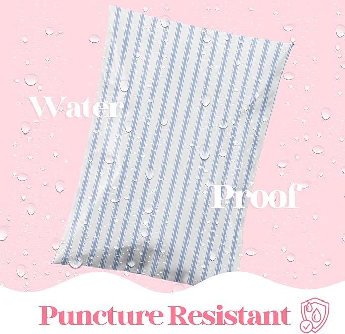Pretty Package Store 10x13 Designer Poly Mailer 100 Pack Heavy Duty Waterproof Self Seal Shipping Bags for Small Business Large Mailing Envelopes Bulk Tear Resistant Packaging Blue Stripes