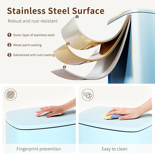 PayLessHere Stainless Steel Trash Can with Lid - Removable Inner Bucket, Foot Pedal Soft Close for Office, Home, Kitchen Garbage Bin (Blue, 13 G)
