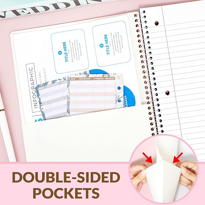 SUNEE Spiral Notebook, 1-Subject, Wide Ruled Paper, 8" x 10-1/2", 100 Sheets per Notebook, 3-Hole Punched Paper, Water Resistant Cover, Double-sided Pockets, Spiral Lined Notebooks for School, Pink