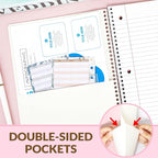 SUNEE Spiral Notebook, 1-Subject, Wide Ruled Paper, 8" x 10-1/2", 100 Sheets per Notebook, 3-Hole Punched Paper, Water Resistant Cover, Double-sided Pockets, Spiral Lined Notebooks for School, Pink