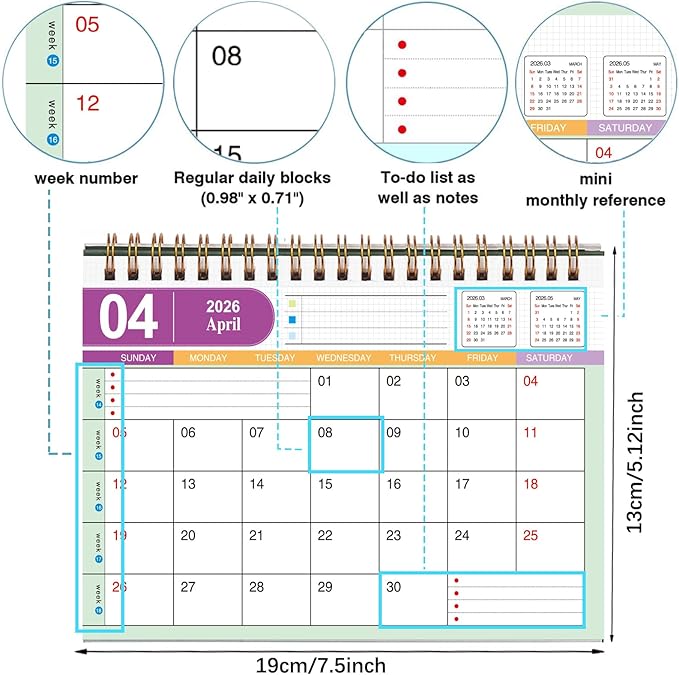 Small Desk Calendar 2026, Standing Flip Desktop Calendar from Now to December 2026 - Metal Ring Twin-Wire Binding Monthly Desktop Calendar for Home Office School (Blue)