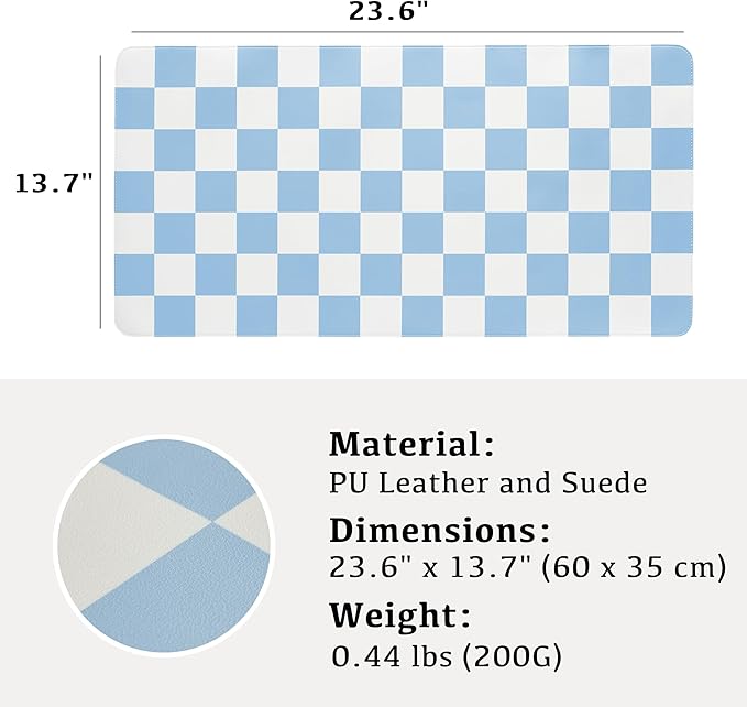 Ohocut Checkered Desk Mat, Large Cute Aesthetic Retro PU Leather Computer Laptop Desk Mat, Non-Slip Waterproof Mouse Keyboard Pad, Desk Writing Mat for Work/Home (Blue, 23.6" x 13.7")