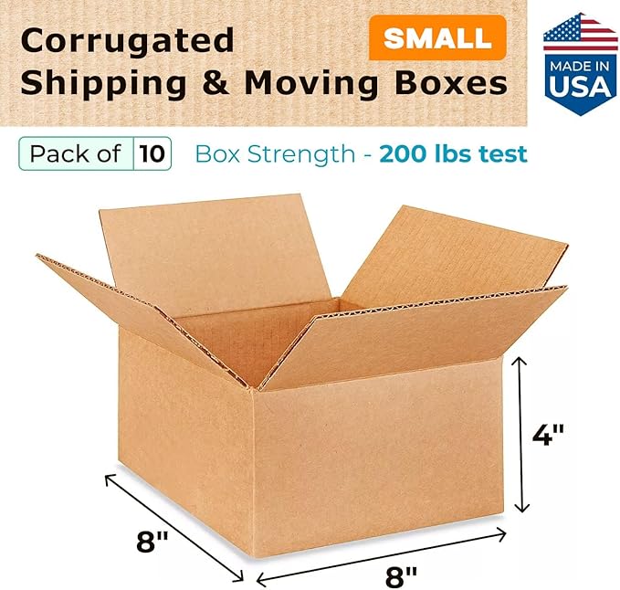 Small Moving & Shipping Boxes 8x8x4 inches (10-Pack) - Extra Strength 200 lb vs Regular - Corrugated Packing Boxes for Moving - Durable Cardboard Box - Box for Packaging by IDL Packaging
