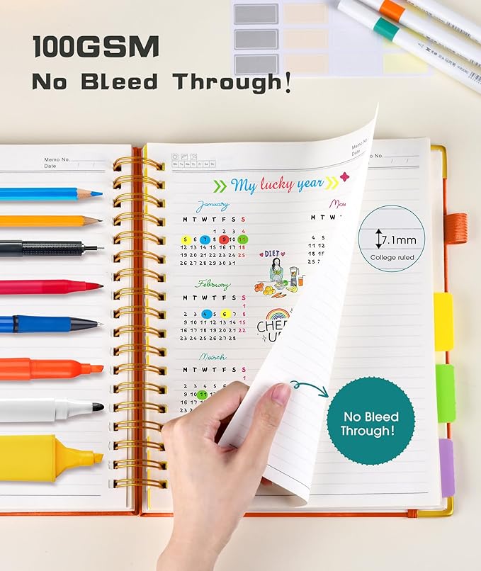 Hardcover Spiral Notebook journal with Removable Dividers Tabs, 300 Pages Leather 5 Subject Notebook College Ruled, 100GMS Notebooks for Work School Note taking,Lined Journal for Women,A5 Orange