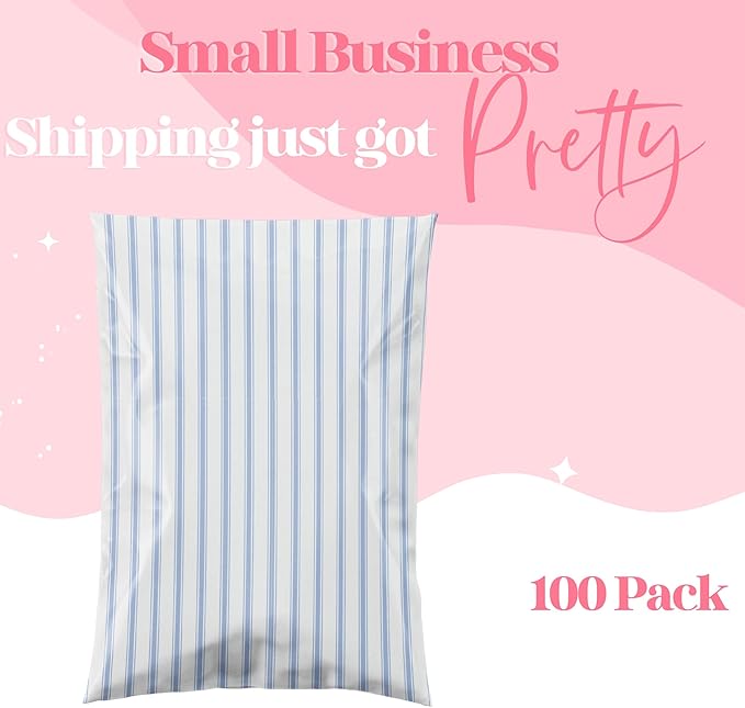 Pretty Package Store 10x13 Designer Poly Mailer 100 Pack Heavy Duty Waterproof Self Seal Shipping Bags for Small Business Large Mailing Envelopes Bulk Tear Resistant Packaging Blue Stripes