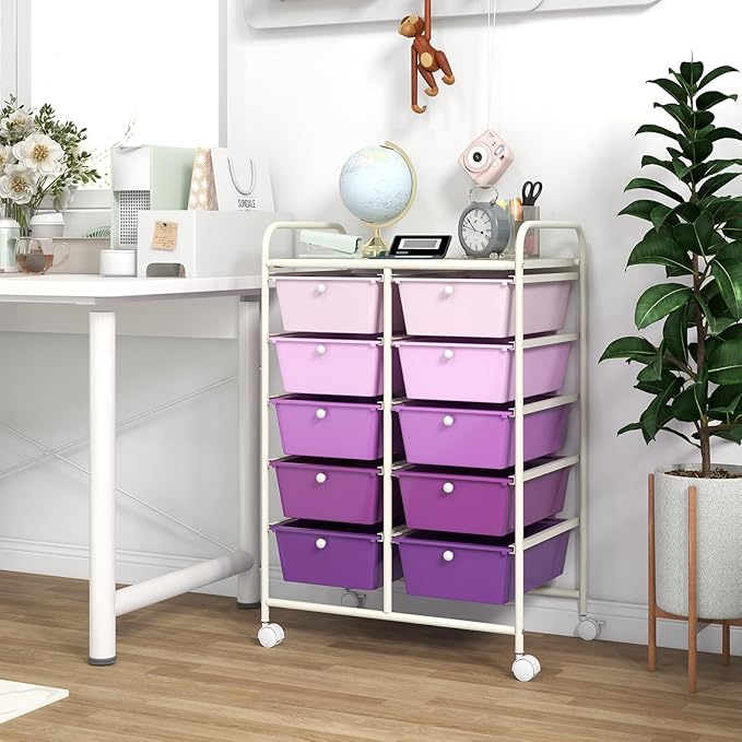 GOFLAME 10-Drawer Rolling Storage Cart, Art Craft Storage Organizer on Wheels, Multipurpose Movable Utility Cart for School, Office and Home, Purple Gradient