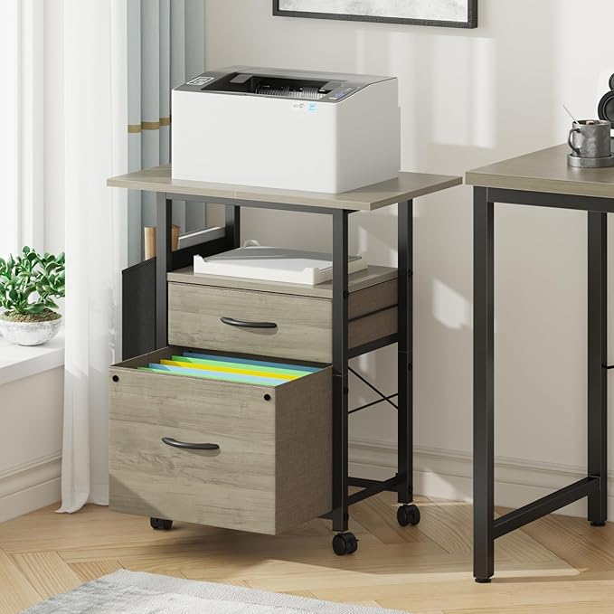 GYIIYUO 2 Drawer File Cabinet with 24'' Extended Desktop, Mobile Filing Cabinet, Rolling File Cabinet with Side Bag, Fabric Drawer, Fits A4/Letter Size, Printer Stand Home Office, Oak Grey