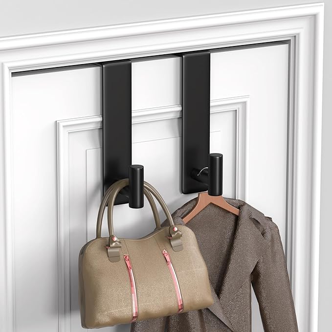 PMMASTO 2-Pack Over The Door Hooks - Rustproof Stainless Steel Door Hangers for 1-3/4 Inch Doors, Non-Marking and Tool-Free Easy Install (Black, T Shape-Fits 1-3/4" Thick Door)