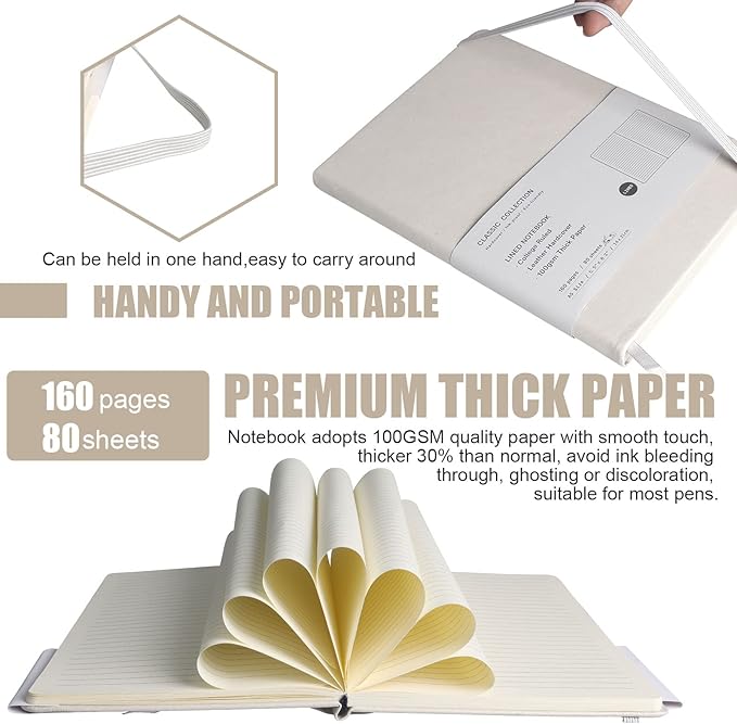 EMOMAS Lined Journal Notebook, 6Pack Hardcover Notebook for Men & Women – Journals for Writing, Work, School, Home & Daily Notes, 160 Pages – Medium A5, 5.7"x8", 100 gsm Thick Paper (White)