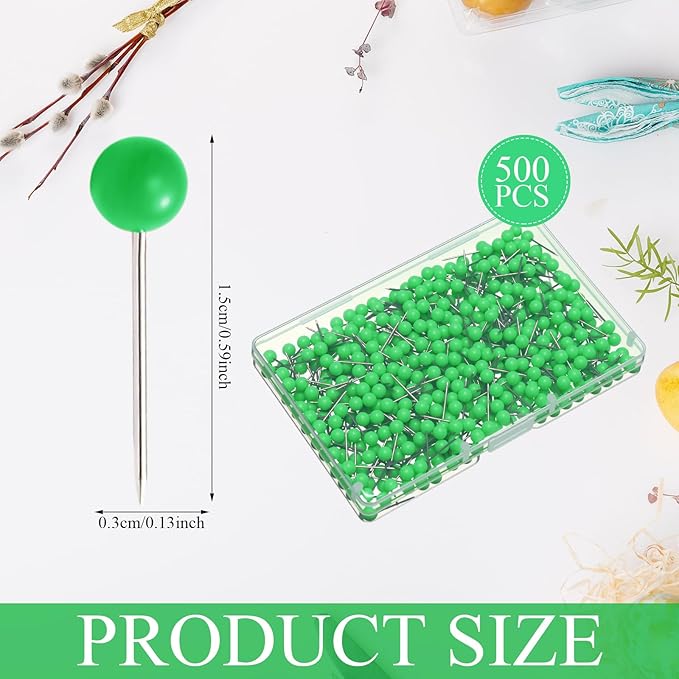WILLBOND 500 Pack Map Push Pins Map Tacks Small Round Head Push Pins Thumb Tacks for Travel Picture Photo Bulletin Board Wall DIY Craft School Office Home(Light Green,1/6 Inch)