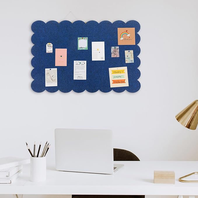 Mooliwe Scalloped Felt Bulletin Board 24 x 18 Inches Foldable Dark Blue Pin Cork Board Alternative for Wall, 2' x 1.5' Trifold Picture Vision Self Adhesive Bulletin Decorative