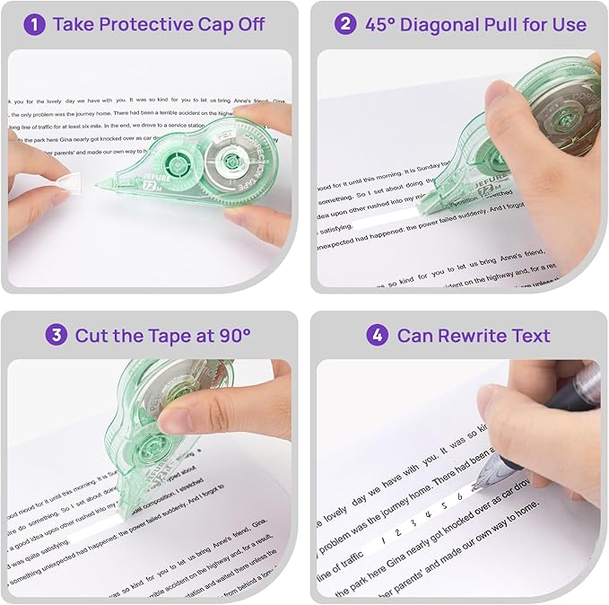 JEFURE 4 Pcs Colorful Core Correction Tape, 39.37 Ft White Wrong Out Tear-Resistant Bulk, Instant Corrections Easy to Use Applicator for School, Office, Note Taking, Journal (Tape Width 0.2 in)