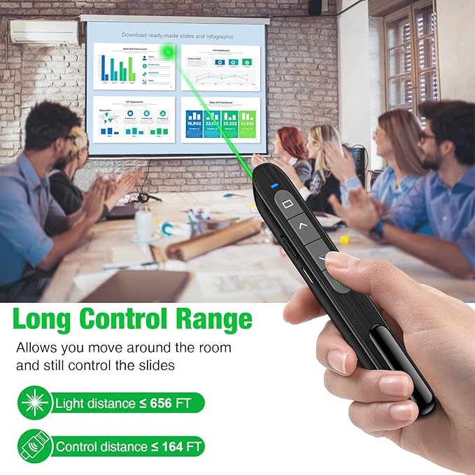 2 in 1 USB Type C Rechargeable Presentation Clicker with Green Pointer, Wireless Presenter for PowerPoint Presentation PPT Clicker, 2.4GHz Presentation Remote Slide Advancer for Computer MacBook