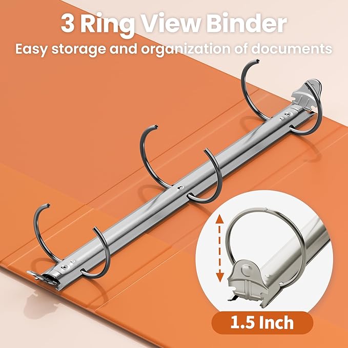 SUNEE 3 Ring Binder 1.5 Inch 1 Pack, Clear View Binder Three Ring PVC-Free (Fit 8.5x11 Inches) for School or Office Supplies, Orange
