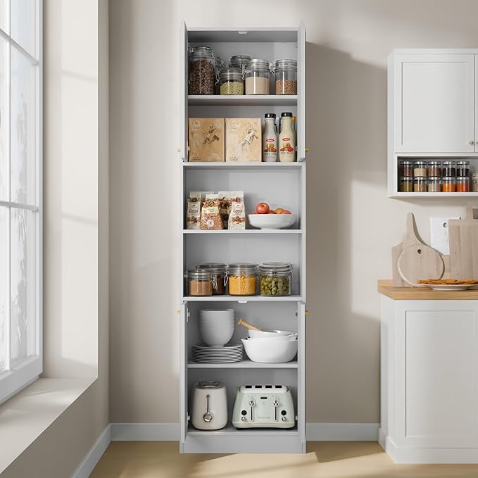 Cozy Castle Kitchen Pantry Cabinet, 75" Tall Wood Storage Cabinet with Doors and Shelves, 4 Doors Open Countertop Utility Hutch Cupboard for Dining Room Living Room Bathroom Furniture, Gray