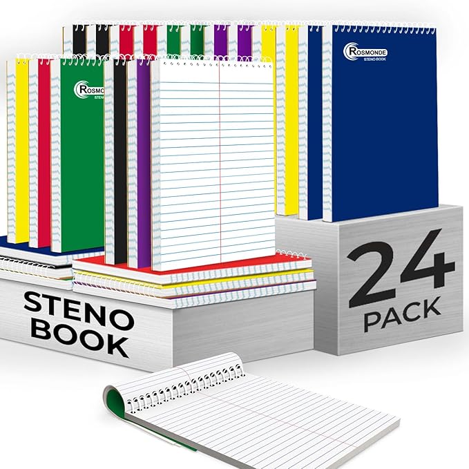 Rosmonde Steno Pads Spiral 6x9 24 Pack, Gregg Ruled Steno Pad, Assorted Colors, 80 Sheets (160 Pages), Bulk B2B Value Pack, Long Lasting, Bulk Steno Notebooks Top Spiral Steno Book for Office & Home
