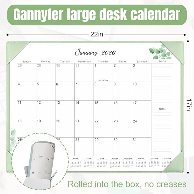 Gannyfer Desk Calendar 2026 with Desktop Mat, Simplified Large 22" x 17" Desktop Pad Calendar, 18 Month Desk Calendar, Use Now to Dec 2026, Office Supplies Perfect for Home School and Office - Green