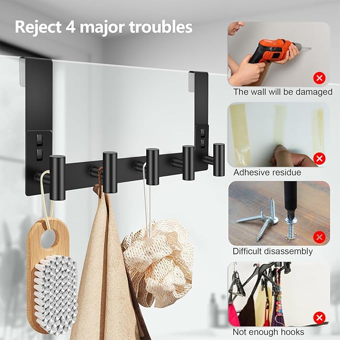 PMMASTO Shower Door Hooks, (7.5 Inch) Extended Towel Hook for Bathroom Frameless Glass Shower Doors, Stainless Steel Heavy Duty Holder for Hanging Robe,Towel (Black 5 T-Hooks-Fits 3/8" Thick Door)