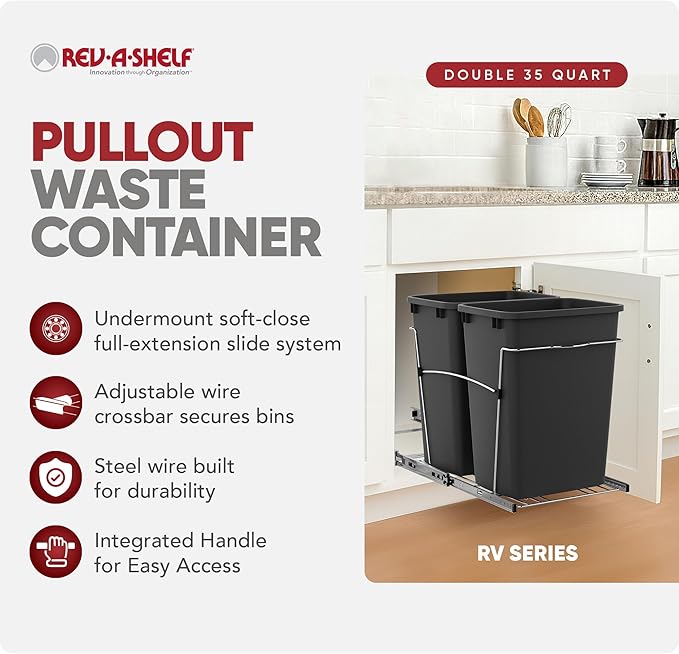 Rev-A-Shelf RV-18KD-18C S Double Pullout Trash Can for Kitchen Cabinets 35 Qt Garbage Recycling Bin on Full Extension Slides, Black
