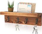 HRONRAD Rustic Key Holder for Wall, Farmhouse Wall Shelf with 4 Hooks, Wall Mounted Key Racks, Wooden Mail Organizer with Hooks for Entryway (Brown - Pine)