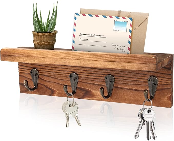 HRONRAD Rustic Key Holder for Wall, Farmhouse Wall Shelf with 4 Hooks, Wall Mounted Key Racks, Wooden Mail Organizer with Hooks for Entryway (Brown - Pine)