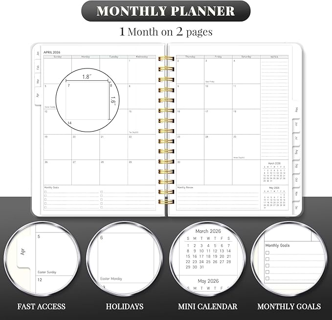 2026 Planner 8.5 x 11, Large Weekly Monthly Planners with Tabs, A4 Spiral Bound Daily Calendar 2026 Planner, 12 Month Agenda from Jan. to Dec., Flexible Cover Appointment Book(Black Gold Flower)