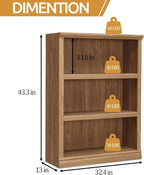 blini 3-Shelf Bookcase Wooden Bookshelves 33in Wide Floor Standing Display Storage Shelves Oak Bookcase for Home Office, Living Room, Bed Room