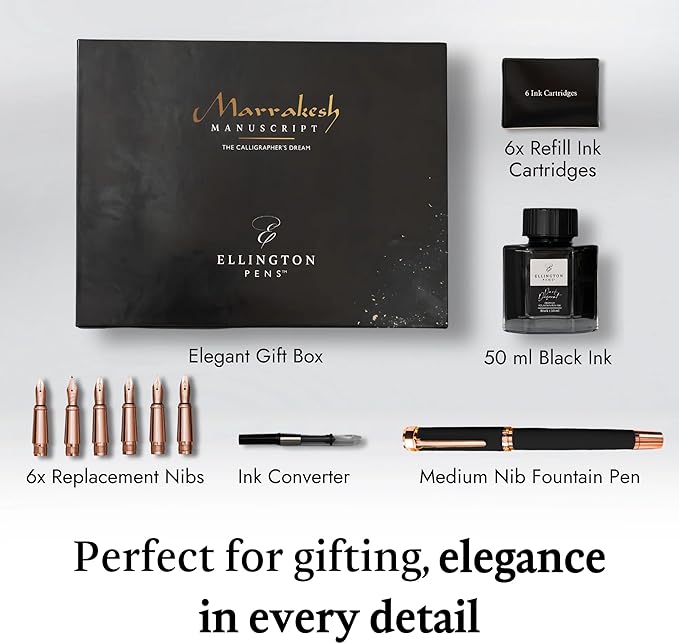 Ellington Pens Luxury Calligraphy Set - Premium Fountain Pen with 6 Nibs, 50 ml Black Ink Bottle, 6 Cartridges, Converter, Elegant Gift Box – Perfect for Drawing, Writing, Gifting (Midnight Rose)