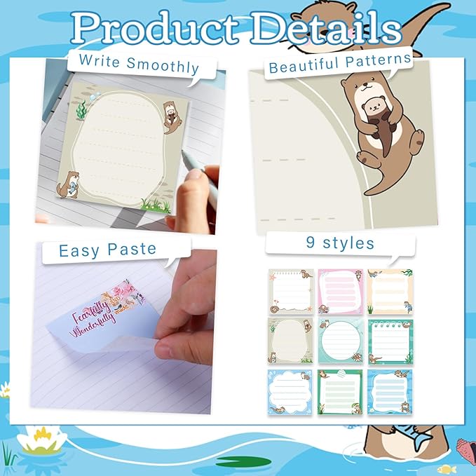 Lovarywow Otter Sticky Notes Gifts, 9 Pack Cute Sea Otter Notepads 3x3 Inch Gifts for Coworkers Students, Ocean Animals Post Memo Pads Office School Supplies for Men Women (450 Sheets)