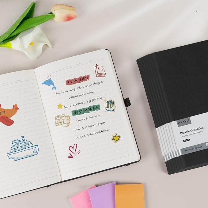 ONAVIA A5 Black Lined Journal Notebook - 100 GSM Thick Paper, 8 Pack Hardcover Journaling Notebooks for Writing, Work, Travel, College Ruled Journals for Women & Men, PU Leather Note Books, 5.5”x8.3”