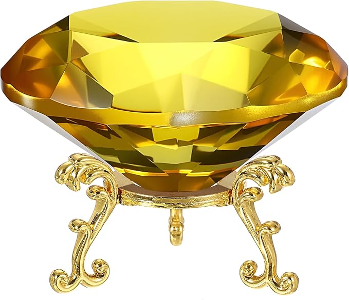 PATIKIL Diamond Crystal Paperweight, 100mm / 3.94" Crystal Paperweight Paper Weight with Gold 25 Metal Base for Home Office Desktop Table Decor Wedding Party Ornaments, Yellow