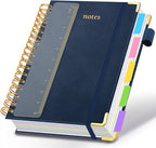 Hardcover Spiral Notebook 8.5"x11" Journal Notebook with Tabs and Removable Dividers 300 Pages 5 Subject Notebook College Ruled, Faux Leather Spiral Bound Notebook for Women School Work(Dark Blue)
