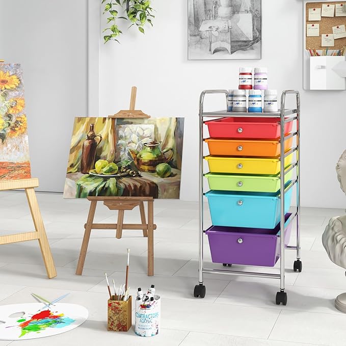 RELAX4LIFE 6-Drawer Rolling Storage Cart - Classroom Organization on Wheels w/Removable Plastic Drawers, Mobile Art Craft Cart for School Paper Home Office, Utility Cart with Drawers (Multicolor)