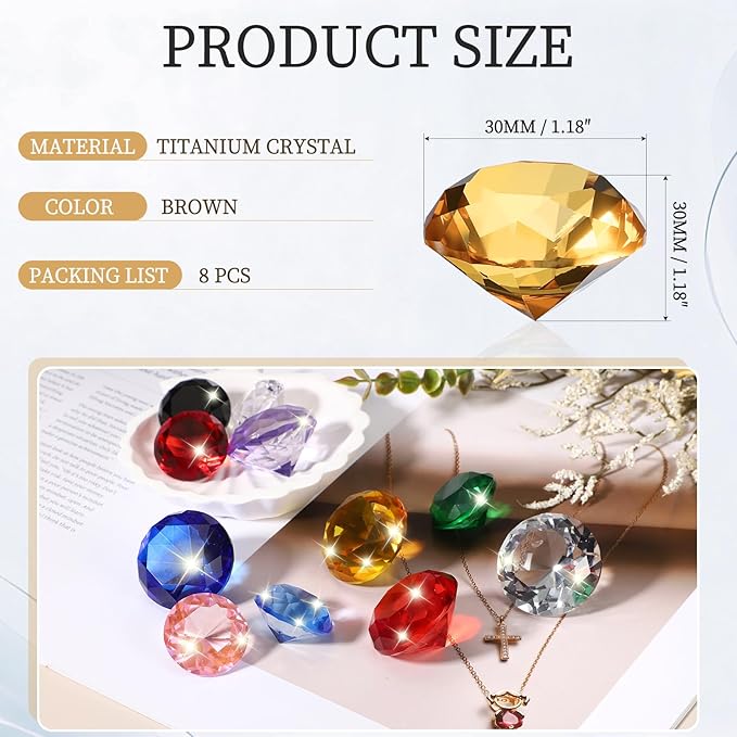 PATIKIL 8 Pcs Diamond Crystal Paperweight, 30mm / 1.18 Inch Crystal Paperweight Paper Weight for Home Office Desktop Table Decor Wedding Party Jewelry Ornaments, Brown