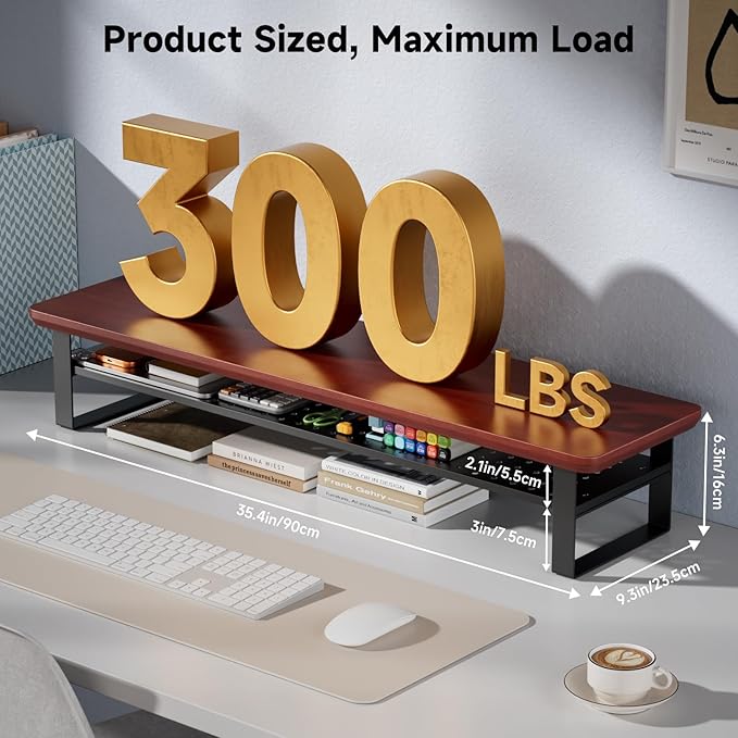 NestNeat Dual Monitor Stand, 35.4 Inch Monitor Stand Riser for 2 Monitors, 2 Tiers Wood Desk Shelf with Storage, Desktop Organizer Stand for Computer, Laptop, Printer, TV (Reddish Brown, 35.4in)