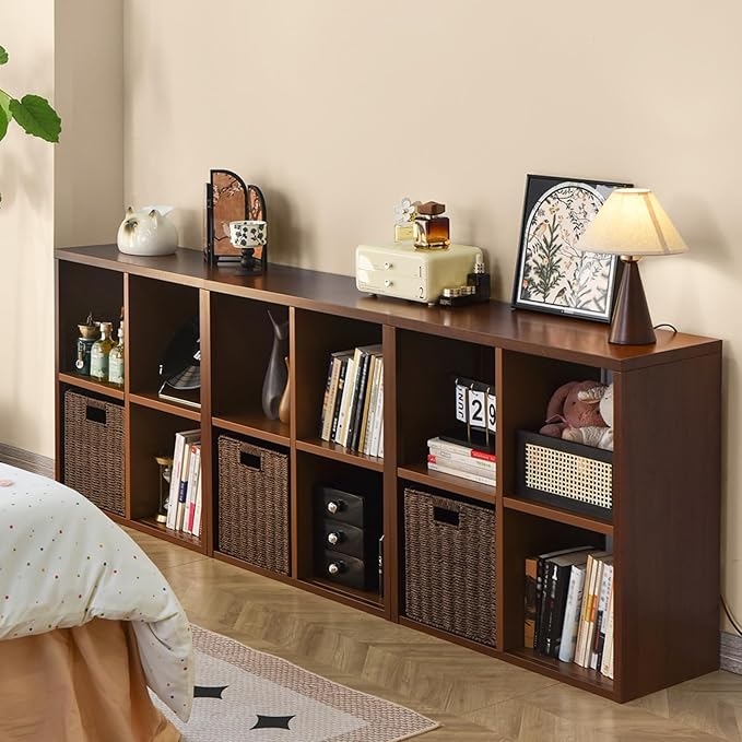 IRONMIX Metal 4 Cube Storage Organizer, Short Bookshelf with Storage, 2 Tier Horizontal Bookshelf, Small Cube Shelf, Freestanding TV Stand for Classroom, Home Office Library(Dark Wooden, 700-2 Set)