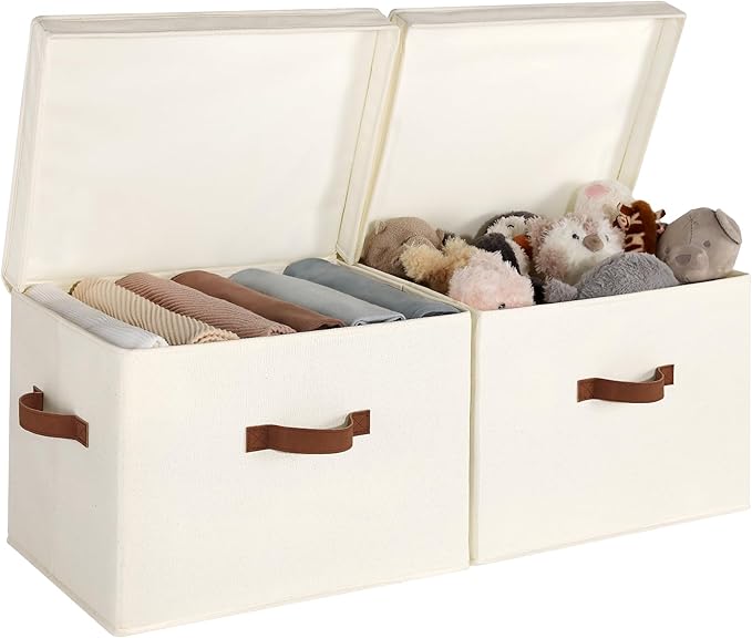 StorageWorks Fabric Storage Bins with Lid, Decorative Storage Boxes for Shelves, Stackable Closet Organizer Basket with Handles, Jumbo, Ivory White, 2-Pack