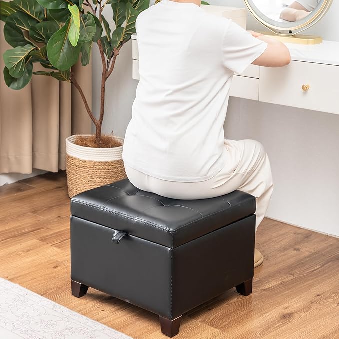 Asense 17 Inch Storage Ottoman Foot Rest,Square Faux Leather Foot Stool,Small Ottoman with Storage,Padded Seat for Entryway,Living Room,Bedroom,Couch,Under Desk,Black