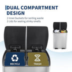 Fashionwu 16-Gallon Dual Compartment Stainless Steel Trash Can – Soft-Close Lids, Foot Pedal, Dual Removable Buckets, Fingerprint-Resistant Recycling Bin for Kitchen, Office & Commercial Use