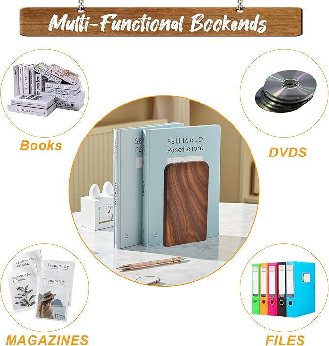 VIVTOB Book Ends, Black Walnut Wooden Bookends for Shelves - Heavy Duty Non-Slip Book Organizers, Upgraded Decorative Bookend Holders for Home, Kitchen, Office, Set of 2, Medium