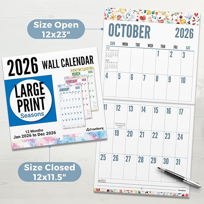 CRANBURY Large Print Wall Calendar 2026, 12x23" Open, 12 Months Seasonal Designs, Use Jan to Dec 2026, Big Numbers, Big Grid, Low Vision Calendar, Non-Glossy Paper for Easy Writing, Includes Planner Stickers