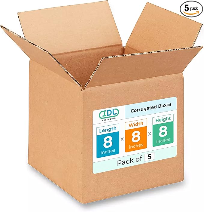 IDL Small Cube Moving & Shipping Boxes - 8 x 8 x 8 inches (5-Pack) - Extra Strength 200 lb Corrugated Packing Boxes