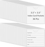 36 Pack Adhesive 3.5" x 3.5" Index Card Pockets with Top Open for Loading, Clear Plastic Labels Holders for Storage Bins Library Card Totes Shelves