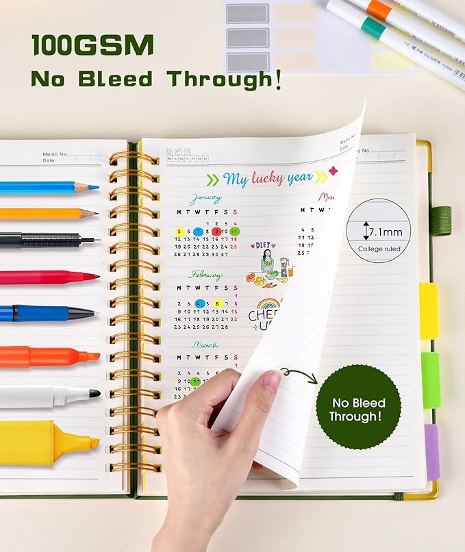 Hardcover Spiral Notebook 8.5"x11" Journal with Removable Dividers Tabs, 300 Pages Leather 5 Subject Notebook College Ruled, Large A4 Notebooks for Work School, Lined Journal for Women, A4 Green