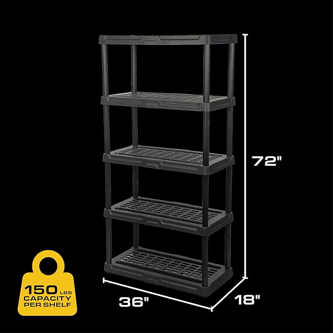 CENTREX CX 5-Tier (72”H x 36”W x 18”D) Plastic Storage Shelving Unit (Black) 2 Pack, Heavy Duty, 150lbs Per Shelf Capacity, Indoor/Outdoor Storage Organization in Home, Garage, Office, Easy Assembly