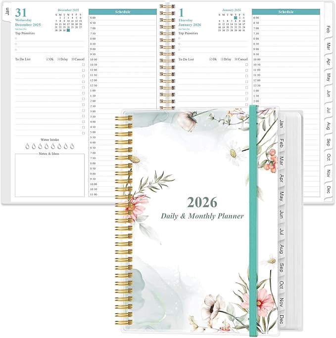 Daily Planner 2026 Full Page Per Day- 2026 Daily & Monthly Planner from January 2026 to December 2026, Day Planner 2026 with 12 Months Tabs, 8.5" x 11", Pink Flowers