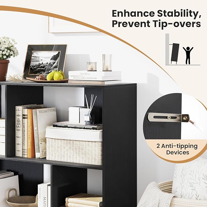 Tangkula 4 Cubby Open Bookcase, 3-Tier Freestanding Bookshelf with Detachable Metal Legs, Anti-toppling Device, Anti-Falling Baffles, Modern Cubicle Display Shelf (2,Black)